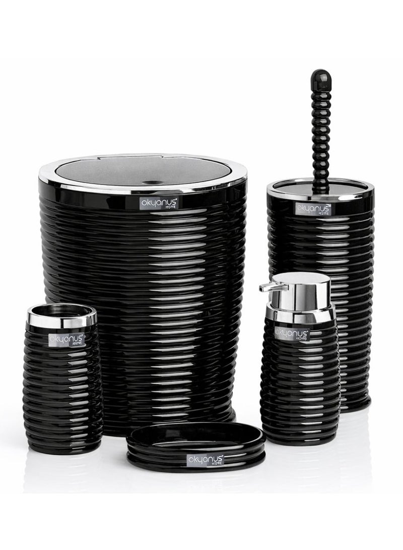 plastic elegans 5 Pieces Bathroom Set  basket - liquid soap dispenser - soap holder - toilet cleaning brush - toothbrush & toothpaste holder - Black/Chrome - Image 1